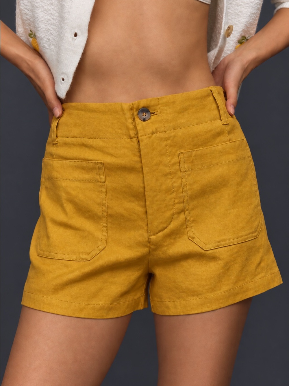 Anthropologie Maeve The Colette Shorts 30 Mustard Yellow Linen High Rise Pocket